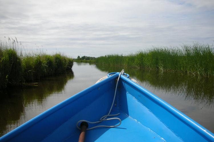 Voorkant blauwe bootje in het water